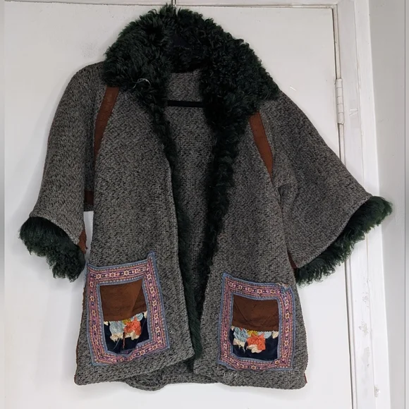 Vintage 1970s John Ashpool Chunky Mongolian Fur/Wool Contrast Kimono Coat RARE